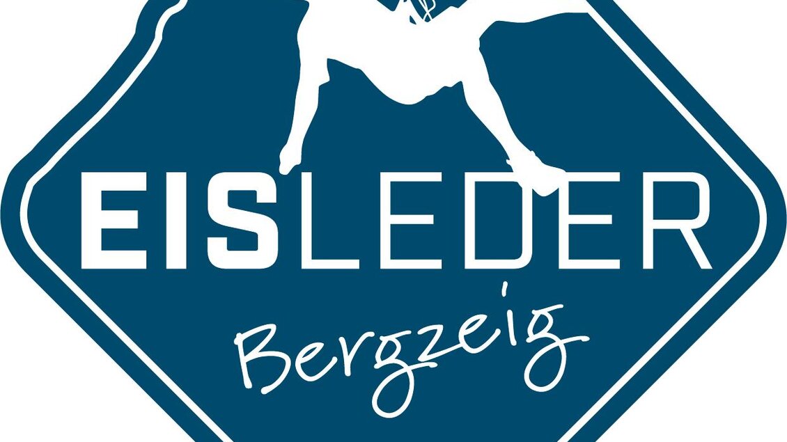 Ein Logo mit einem Bergsteiger, der an einer Felswand klettert. Der Schriftzug "EISLEDER" und "Bergzeig" sind deutlich sichtbar. | © Eisleder Bergzeig