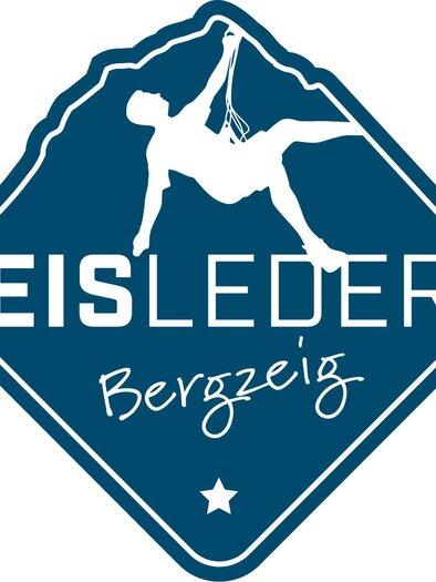 A logo featuring a climber scaling a rock face. The text "EISLEDER" and "Bergzeig" are clearly visible. | © Eisleder Bergzeig