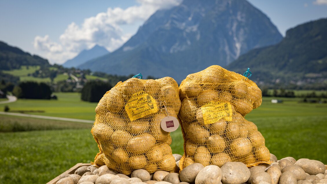Zwei Netzsäcke mit Kartoffeln stehen auf einem Holzkasten. Im Hintergrund sind grüne Wiesen und majestätische Berge zu sehen. | © Netzwerk Kulinarik wildbild