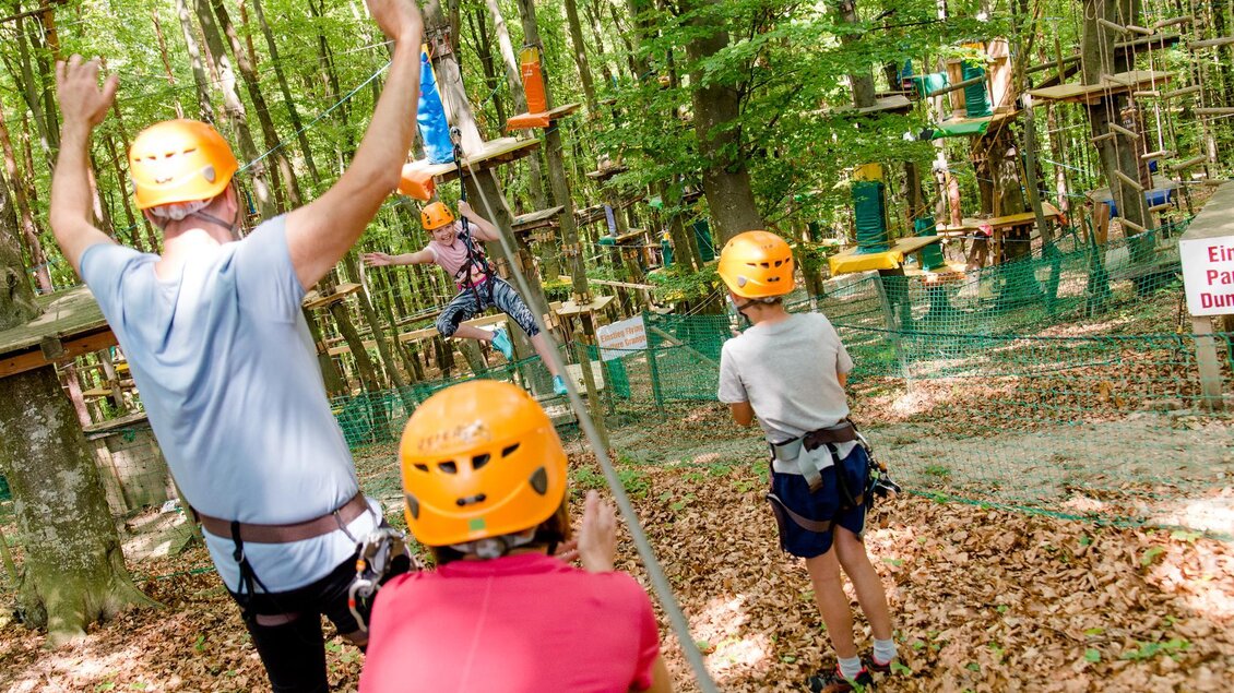 Eine Gruppe von Menschen mit Helmen übt klettern in einem Abenteuerpark im Wald. Im Hintergrund sind Kletterelemente und Seilrutschen zu sehen. | © Mias Photoart