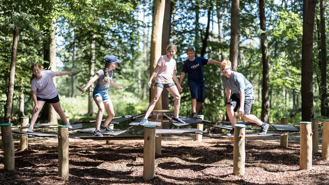 Eine Gruppe von Kindern spielt auf einem Spielplatz im Wald. Sie balancieren auf einer Struktur aus Holz neben Bäumen und genießen den sonnigen Tag. | © Stadtmarketing Fürstenfeld