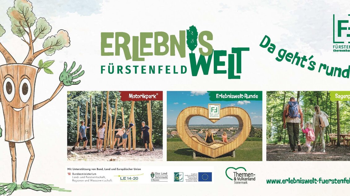 Ein einladendes Plakat für die Erlebniswelt Fürstenfeld mit einem fröhlichen Baumcharakter. Es zeigt verschiedene Attraktionen und lädt zu gemeinsamen Aktivitäten in der Natur ein.