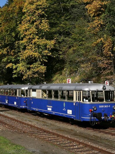 Ein blauer Schienenbus steht an einem Bahngleis, umgeben von herbstlichen Bäumen. Die Umgebung ist ruhig und ländlich. | © Thomas Schneider