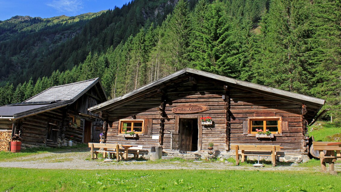 Eine rustikale Hütte aus Holz steht umgeben von grünen Wäldern in den Bergen. Im Vordergrund befinden sich Bänke und Tische auf einer Wiese. | © Eschachalm