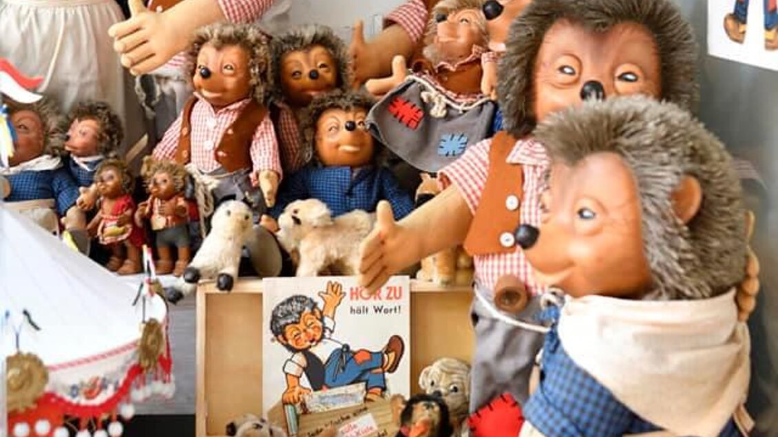 Eine Sammlung von plüschigen Tierpuppen, darunter einige Igel und Löwen, steht in einer Vitrine. Im Hintergrund sind Bilder von Charakteren aus einer Geschichte zu sehen. | © Eva Kohlbacher