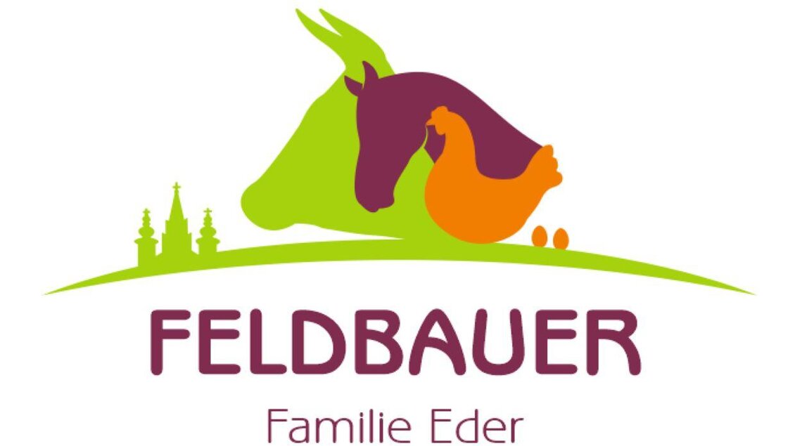 Ein modernes Logo mit stilisierten Tieren, darunter eine Kuh, ein Pferd und ein Huhn. Der Schriftzug "FELDBAUER Familie Eder" ist klar und freundlich gestaltet.
