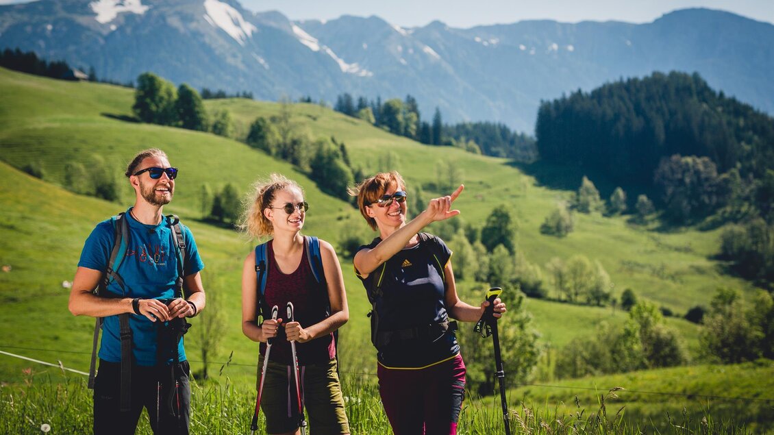 Drei Wanderer stehen in einer grünen Landschaft und genießen die Aussicht auf die Berge. Sie lächeln und scheinen sich zu unterhalten. | © Naturpark Mürzer Oberland
