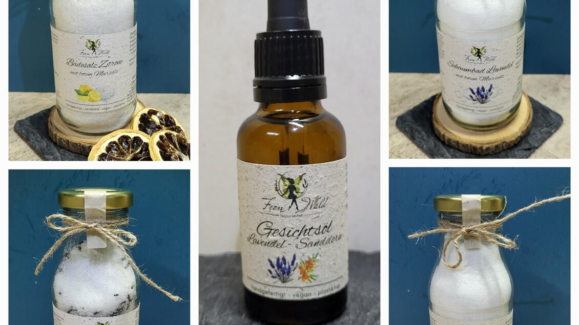 Eine ansprechende Zusammenstellung von verschiedenen Hautpflegeprodukten in gläsernen Flaschen. Die Produkte sind schön etikettiert und präsentieren sich auf einem dunklen Untergrund. | © Ute Oberzauchner 