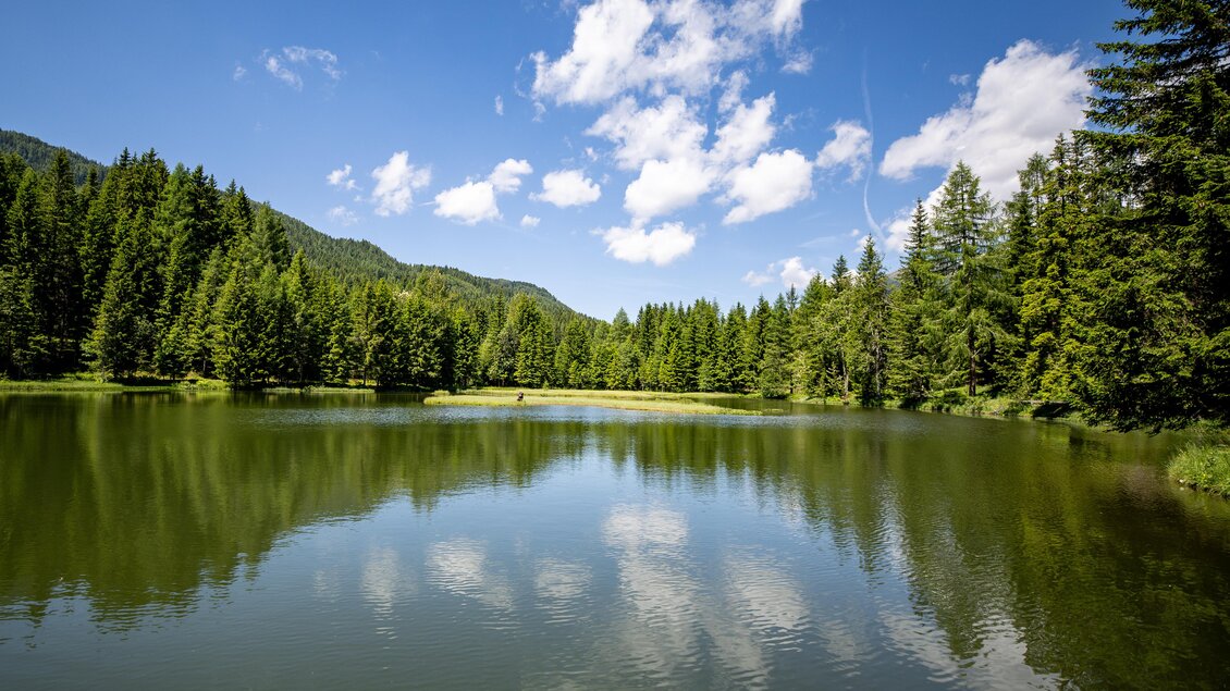 Ein ruhiger See umgeben von dichten, grünen Wäldern unter einem klaren, blauen Himmel. Die Wolken spiegeln sich sanft im Wasser. | © TVB Murau