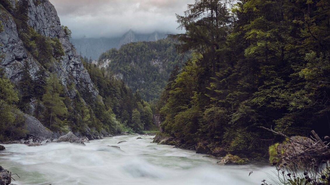 Ein ruhiger Fluss fließt durch eine bewaldete Schlucht. Die Wolken am Himmel vermitteln eine stimmungsvolle Atmosphäre. | © Stefan Leitner