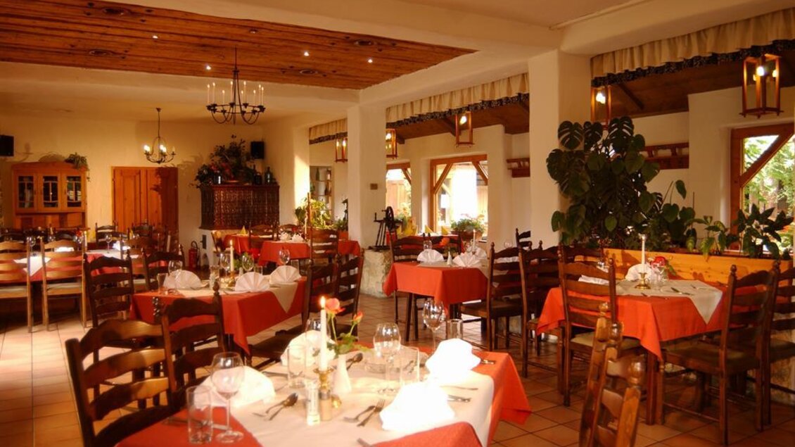 Ein einladendes Restaurant mit Tischen in Rot und Holzstühlen. Die gemütliche Atmosphäre wird durch sanfte Beleuchtung und grüne Pflanzen ergänzt.