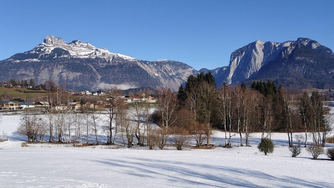 Eine winterliche Landschaft mit schneebedeckten Feldern und Bäumen. Im Hintergrund sind beeindruckende Berge unter einem klaren blauen Himmel zu sehen. | © Elisabeth Pichler