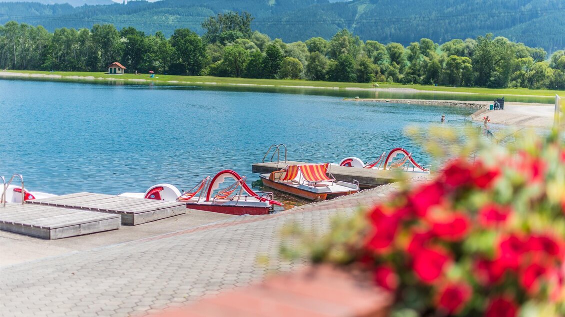 Ein ruhiger See mit Bootsanlegestellen und umgeben von üppigem Grün. Im Vordergrund blühende Pflanzen verleihen der Szenerie Farbe. | © Freizeitanlage Zechner