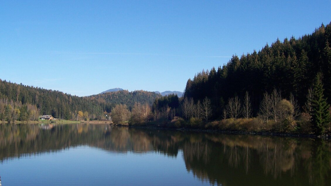 Ein ruhiger See umgeben von grünen Wäldern und Bergen. Der klare blaue Himmel spiegelt sich im Wasser. | © www.erzberg-leoben.at