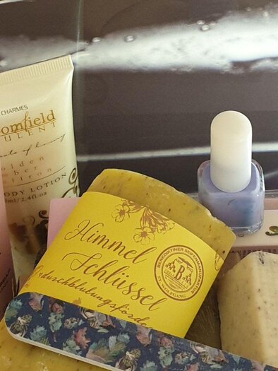 Ein Arrangement verschiedener Pflegeprodukte, darunter Körpercremes, Seifen und Nagellack. Die Produkte sind in sanften Farben und auf einem hellen Untergrund platziert. | © Daniela Casari