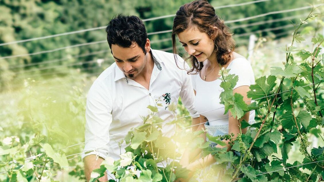 Ein Paar steht in einem Weinberg und betrachtet die Trauben. Es ist eine sonnige, grüne Umgebung, die eine idyllische Atmosphäre schafft. | © Garber Patrick Weine