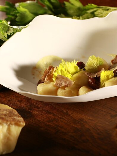 An elegant dish on a white plate, garnished with fresh herbs and edible flowers. Various ingredients such as gnocchi and mushrooms are artistically arranged. | © Gasthaus Thaller