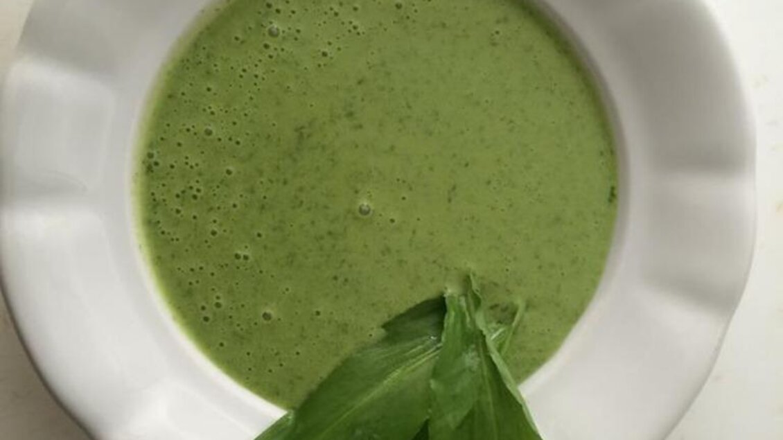 Eine grüne Suppe in einer weißen Schüssel, garniert mit frischem Bärlauch. Die Suppe hat eine cremige Konsistenz und eine lebendige Farbe. | © Familie Koschak