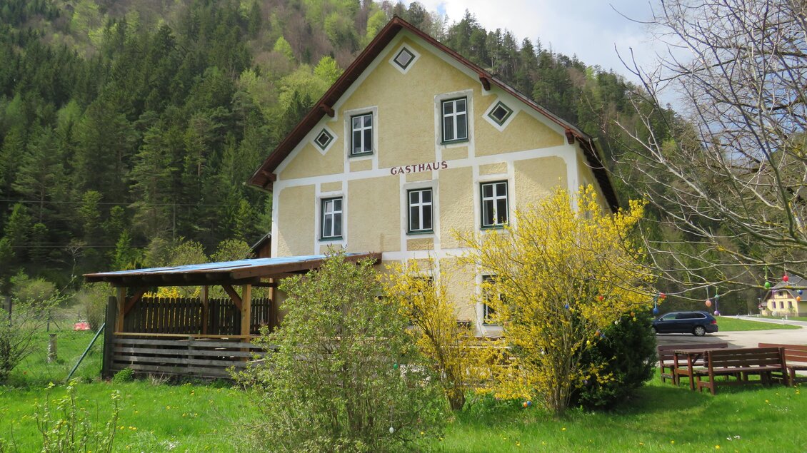 Ein gemütliches Gasthaus in der Natur, umgeben von Bäumen und Wiesen. Im Hintergrund sind sanfte Hügel sichtbar. | © Fam. Digruber
