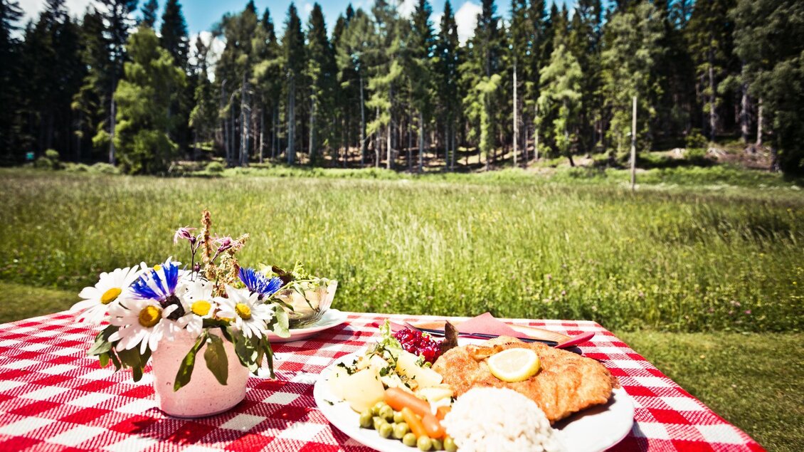 Ein gedeckter Tisch mit einem köstlichen Essen und einem Blumenstrauß. Im Hintergrund erstreckt sich eine grüne Wiese und ein Wald. | © Schilcherland Steiermark