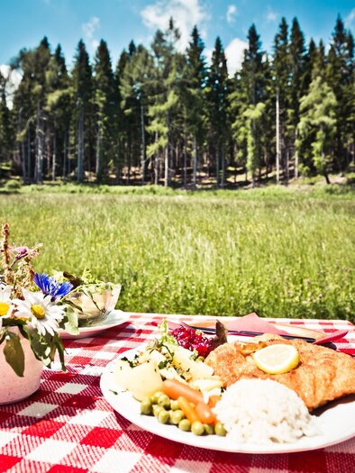 Ein gedeckter Tisch mit einem köstlichen Essen und einem Blumenstrauß. Im Hintergrund erstreckt sich eine grüne Wiese und ein Wald. | © Schilcherland Steiermark