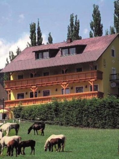 Ein buntes Haus umgeben von Bäumen und Wiesen. Auf der Wiese grasen mehrere Pferde. | © Günter Bardel