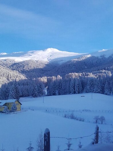 Eine verschneite Landschaft mit Bergen im Hintergrund. Im Vordergrund steht ein gelbes Haus umgeben von schneebedecktem Feld und Wäldern. | © Tourismusverband Murau