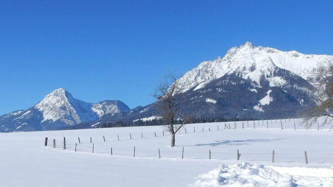 Eine schneebedeckte Landschaft mit majestätischen Bergen im Hintergrund. Der Himmel ist klar und blau, was die winterliche Szene wunderbar unterstreicht. | © Gemeinde Mitterberg-Sankt Martin
