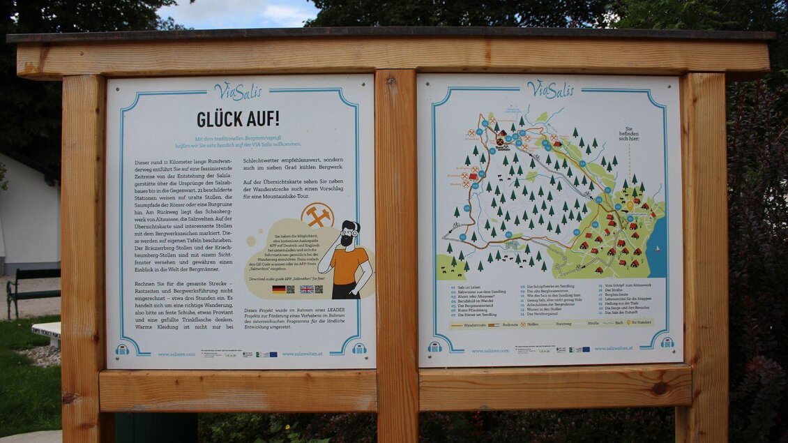 Ein Informationsschild mit zwei Tafeln. Die linke Seite enthält einen Text, während die rechte Seite eine Karte zeigt. | © Viola Lechner