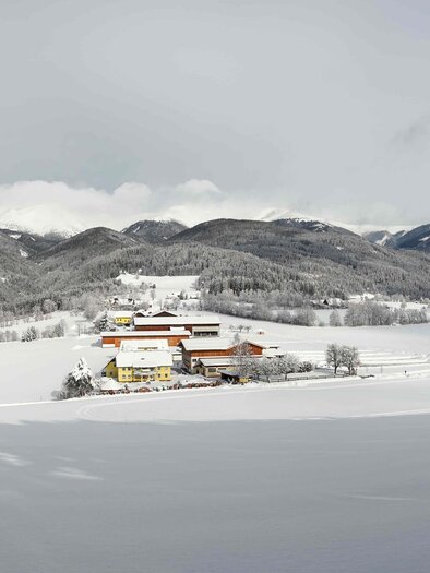 Eine winterliche Landschaft mit einer schneebedeckten Ebene und sanften Hügeln. In der Ferne ist ein Bauernhof zu sehen, umgeben von schneebedeckten Bäumen und Bergen. | © Fam. Offenbacher