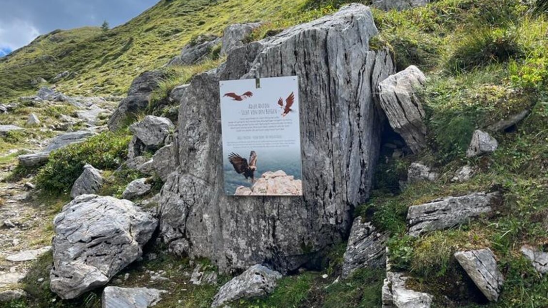 Ein informatives Schild an einem Felsen auf einem Wanderweg. Die Umgebung ist grün und bergig, mit Wolken am blauen Himmel. | © Libelle Lilly