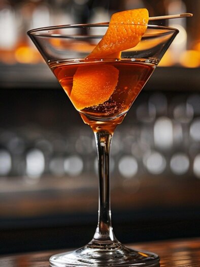 Cocktail in a martini glass with an orange zest garnish, on a counter with a blurred background of bottles and lights | © Midjourney - Benedikt Trummer