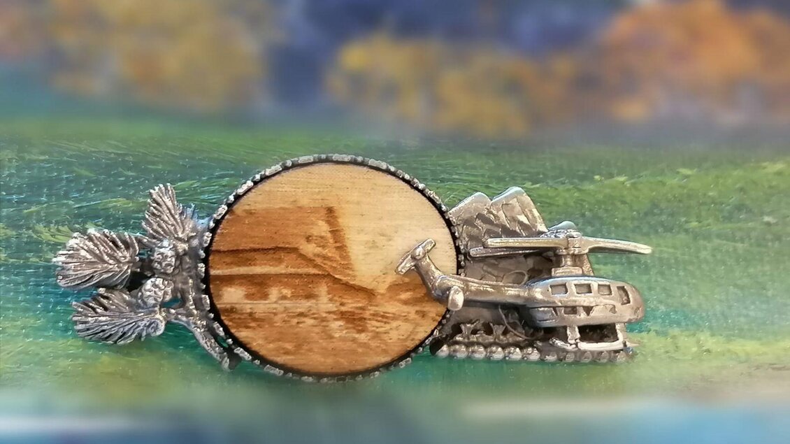 Eine dekorative Auszeichnung mit einem Holzfeld und einem silbernen Hubschrauber. Im Hintergrund sind stilisierte Berge und Tannen dargestellt. | © Anita Seebacher