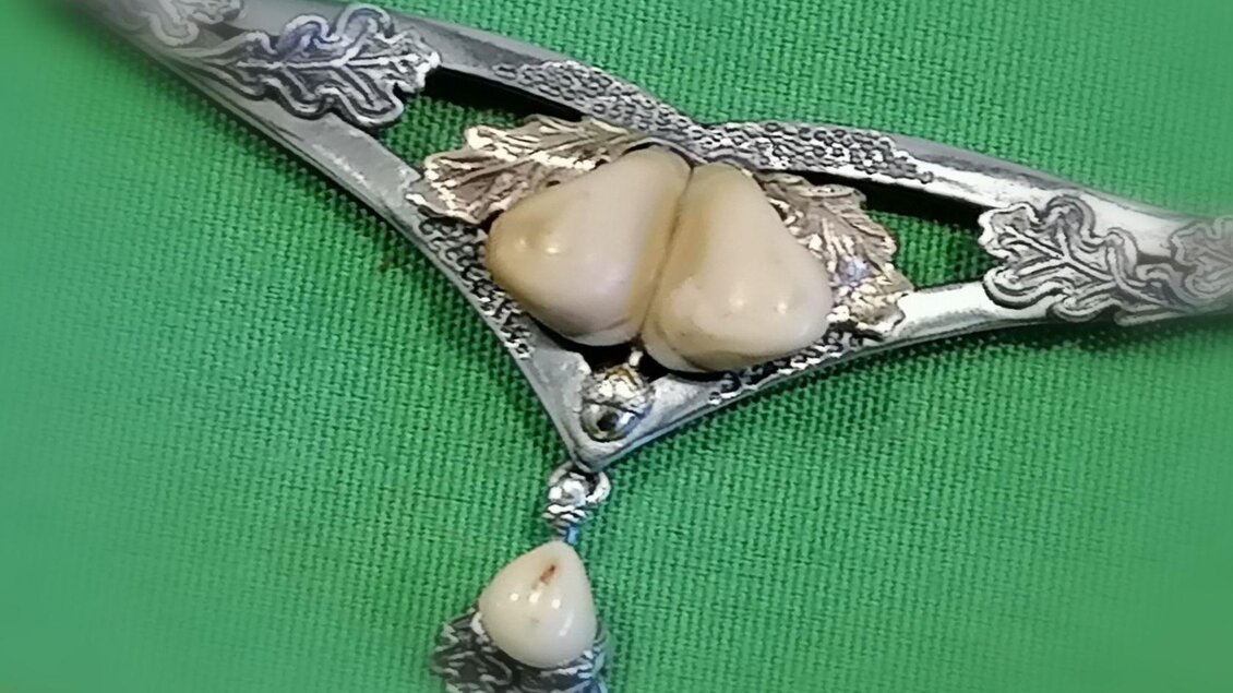 Ein elegantes Schmuckstück mit silbernem Design und zwei creamfarbenen Steinen. Die Verzierung zeigt Blattmuster und eine schicke Form. | © Anita Seebacher