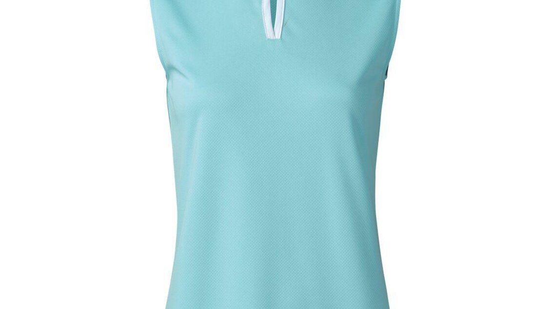 Ärmelloses, mintgrünes Polohemd mit weißem Kragen und kurzer Knopfleiste. Ideal für sportliche Aktivitäten und warme Tage. | © Mode-Golf-Trendwear Judith Schraberger