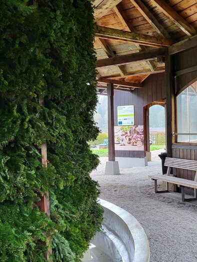 A covered area with a green wall made of plants and a wooden bench. A view of the outdoors is visible behind the windows. | © Petra Kirchschlager