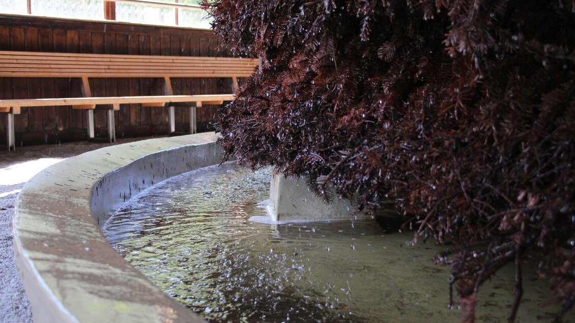Eine ruhige Umgebung mit einem Wasserbecken und sprudelndem Wasser. Im Hintergrund befinden sich Holzbänke und natürliche Pflanzen. | © Viola Lechner