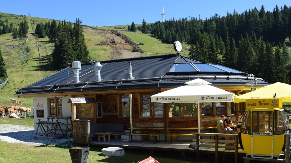 Ein rustikales Restaurant in den Bergen mit einer Sonnenterrasse und Schirmen. Im Hintergrund sind grüne Hügel und Nadelbäume zu sehen.