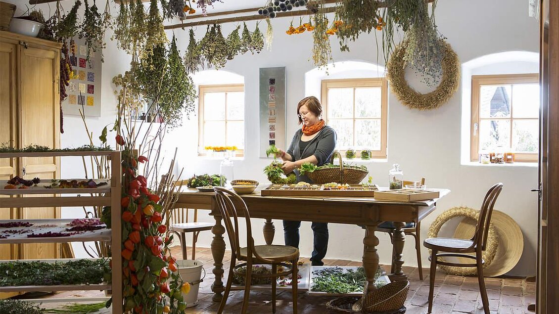Eine gemütliche Küche voller frischer Kräuter und Gemüse. Eine Frau arbeitet an einem Tisch und bereitet die Pflanzen vor.