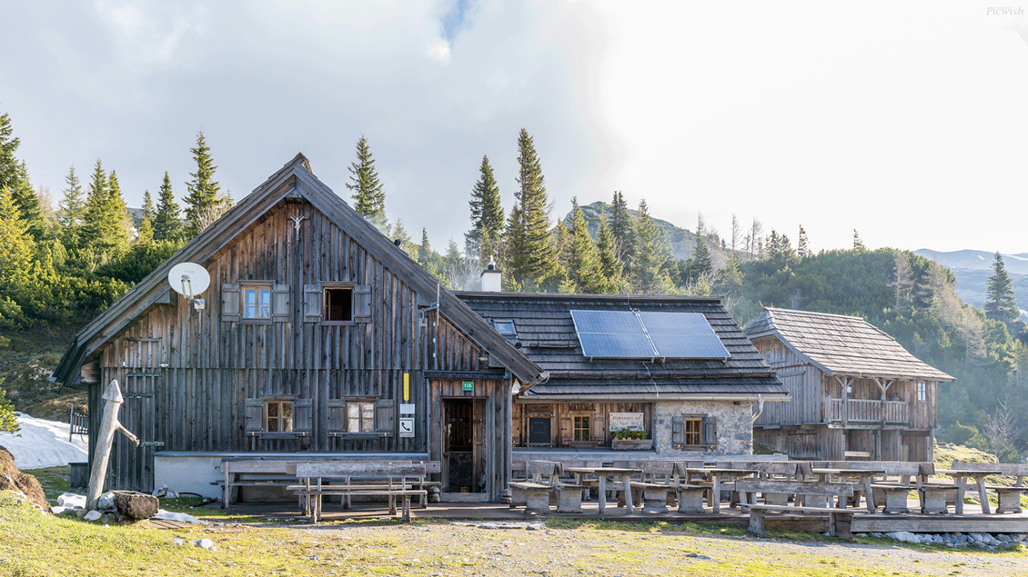Eine rustikale Berghütte aus Holz umgeben von grünen Bäumen und einem klaren Himmel. Tische und Bänke laden zum Verweilen im Freien ein.
