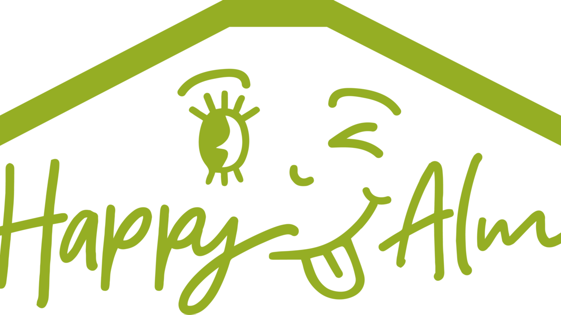 Ein fröhliches Logo mit einem Hausdach und einem lächelnden Gesicht. Der Schriftzug "Happy Alm" betont eine positive und einladende Atmosphäre. | © Happy Alm