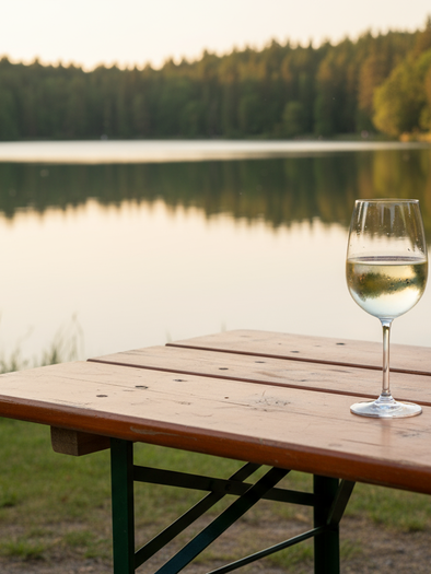 <p>Ein Glas Weißwein steht auf einem Holztisch mit Blick auf den ruhigen See und die umliegende Natur bei Sonnenuntergang.</p> | © Firefly