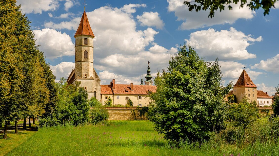 Vor blauem Himmel mit malerischen Wolken erhebt sich die mittelalterlich geprägte Stadtmauer von Bad Radkersburg mit ihren markanten Kirchtürmen und Wehranlagen hinter einer grünen Wiesenlandschaft und schattigen Bäumen. | © Zehnerhaus Bad Radkersburg