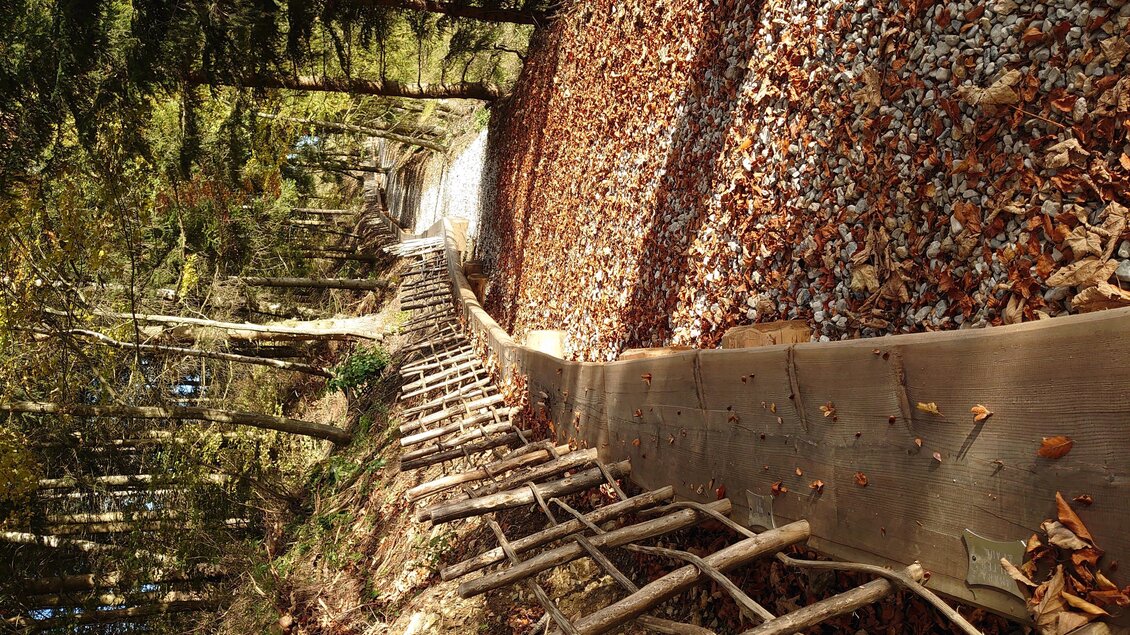 Ein schmaler Wanderweg durch einen bunten Wald mit herabgefallenen Blättern. Auf beiden Seiten des Weges sind Steine und Holzschutzwände zu sehen. | © Schäffer