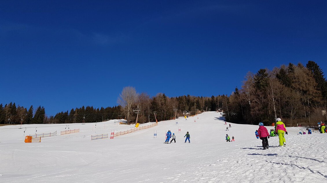 Eine schneebedeckte Piste mit Skifahrern und einem klaren blauen Himmel. Im Hintergrund sind Bäume zu sehen. | © Tourismusverband Oststeiermark