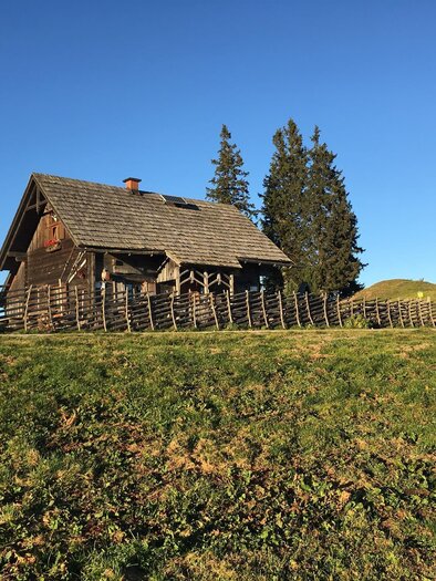 A rustic cabin stands on a gentle hill. In the background, there are coniferous trees and a clear blue sky. | © Hofbauer Almhütte