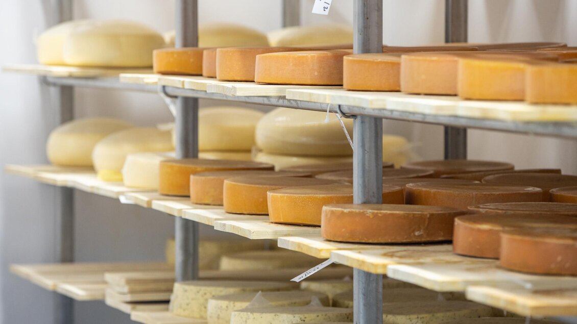 Eine Auswahl an verschiedenen Käsesorten auf Regalen in einem Lagerraum. Die Käse sind in unterschiedlichen Formen und Farben angeordnet. | © Martin Huber