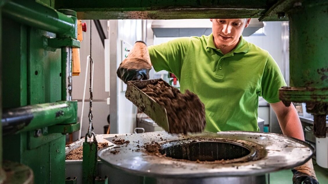 Die getrockneten Kürbiskerne werden in unserer Ölmühle schonend gepresst, um das kostbare Kernöl zu gewinnen, das für seinen intensiven Geschmack bekannt ist. | © Österreich Werbung/ Hans de Kort