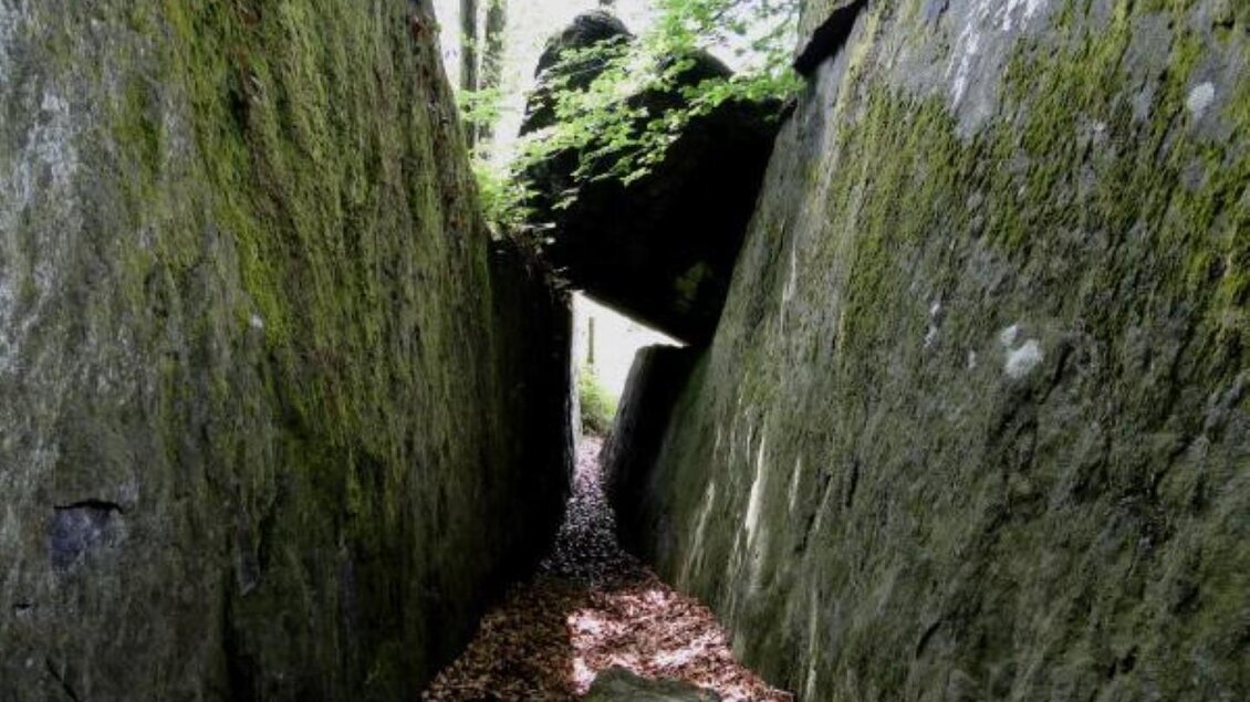 Ein schmaler Pfad zwischen hohen, moosbedeckten Felsen. Das Licht dringt durch die Bäume und schafft eine ruhige, natürliche Atmosphäre. | © Hohlkogel - Hohlfelsen