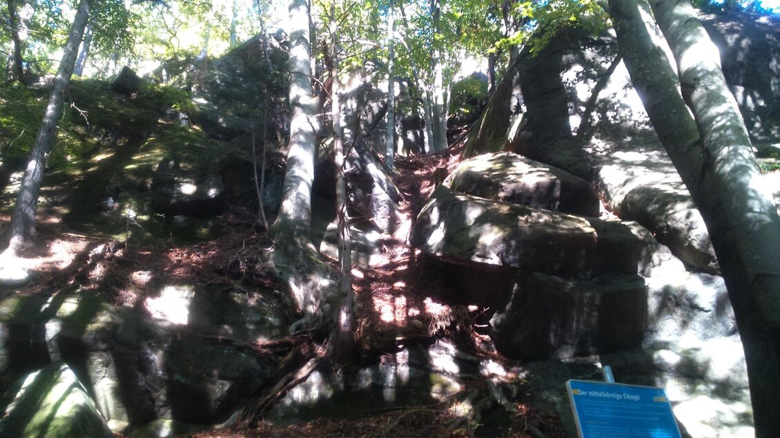 Eine felsige Landschaft mit Bäumen und Schatten. Das Bild zeigt eine natürliche Umgebung inmitten von Felsen und Grün. | © Hohlkogel - Hohlfelsen